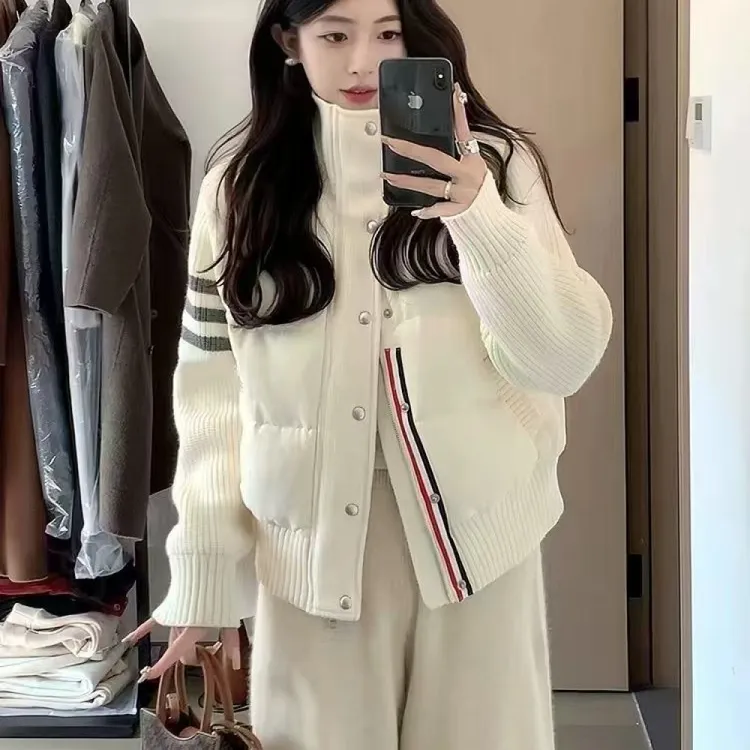 高级感立领棉服女2024冬季新款设计感拼接针织加厚短款外套小香风