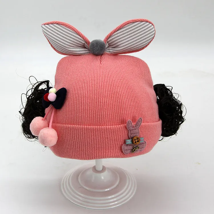 婴幼儿童秋冬天假发帽子小女孩可爱毛线护耳帽公主春季帽3-6个月5