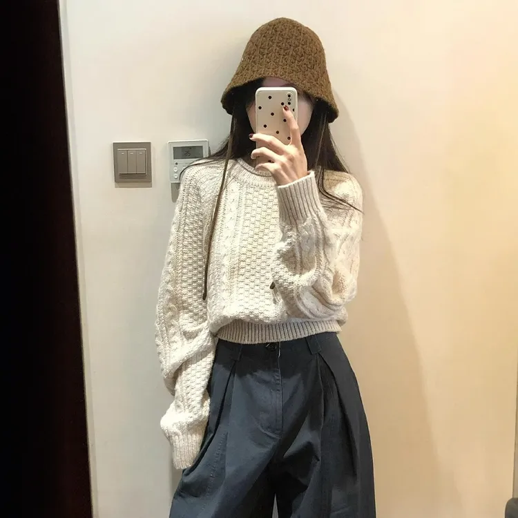 复古麻花短款慵懒风高级感套头毛衣女秋冬小个子宽松圆领针织衫厚