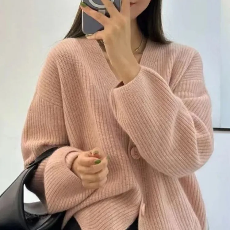 针织开衫女2023年秋冬季新款韩版宽松V领慵懒风气质长袖外套上衣