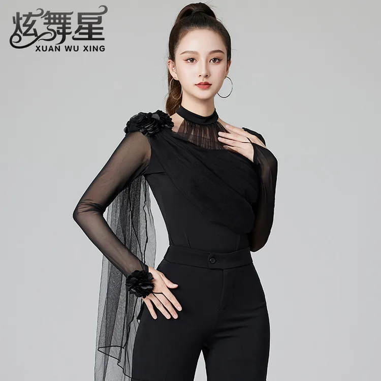 高级感华尔兹舞上衣网纱长袖连体衣拉丁舞训练服新款摩登舞比赛服