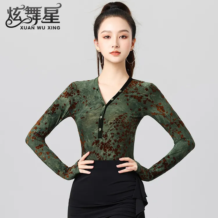 摩登舞上衣女性感V领国标舞服新款高端丝绒拉丁舞长袖连体练功服