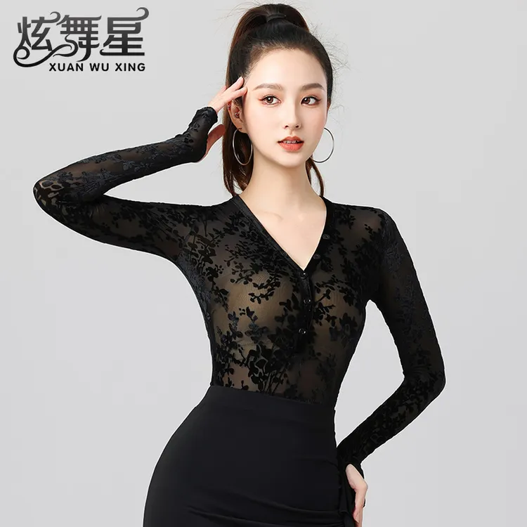 拉丁舞上衣高级感烧花长袖练功服摩登舞服2025新款成人连体舞蹈服