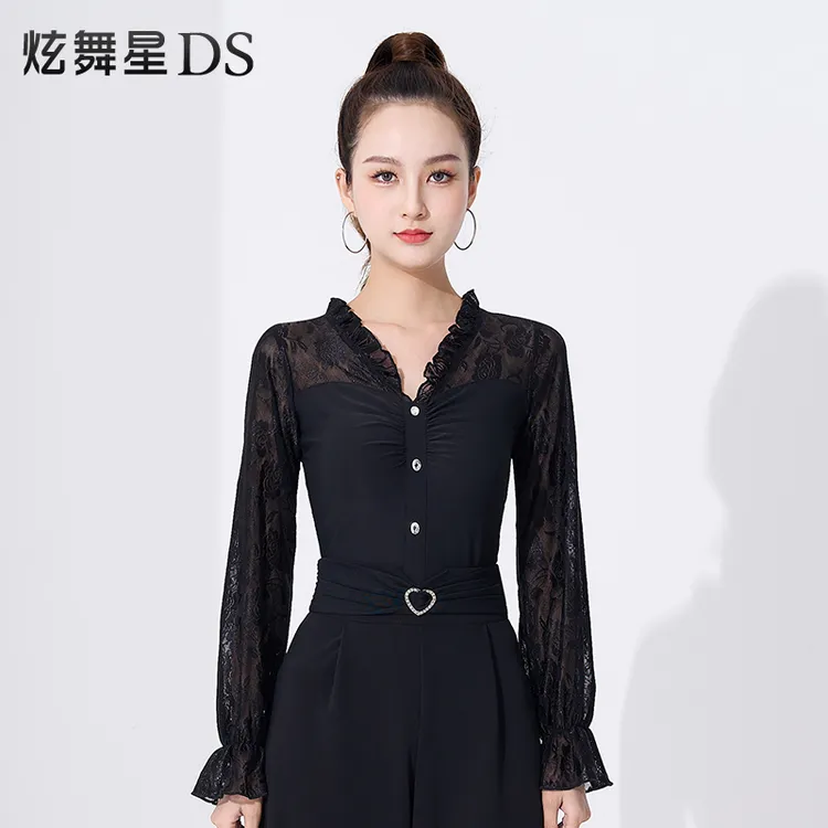 摩登舞上衣女新款烫砖拉丁舞练功服蕾丝绣花交际舞衣专业国标舞服