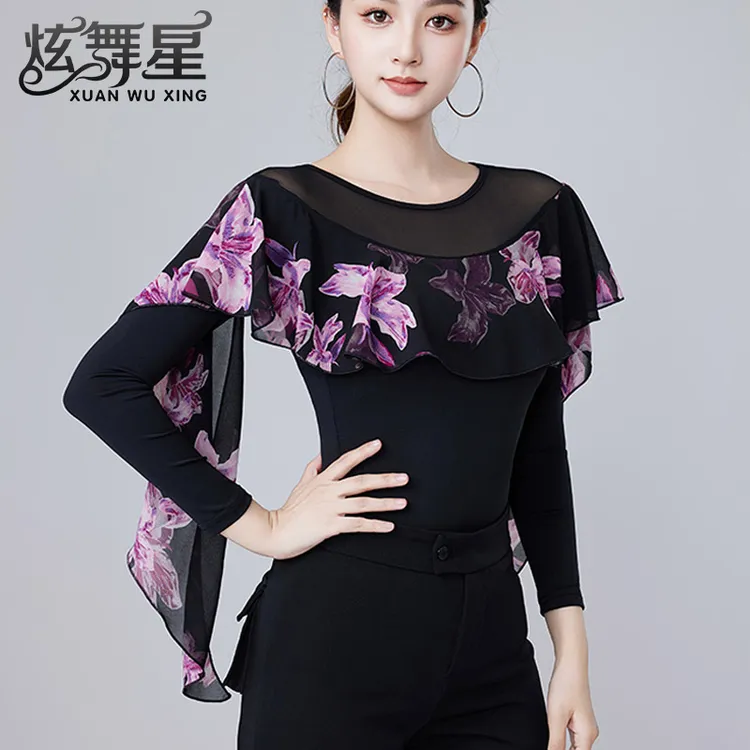 新款拉丁舞服成人时尚摩登舞国标练功服洋气显瘦网纱飘袖舞蹈上衣