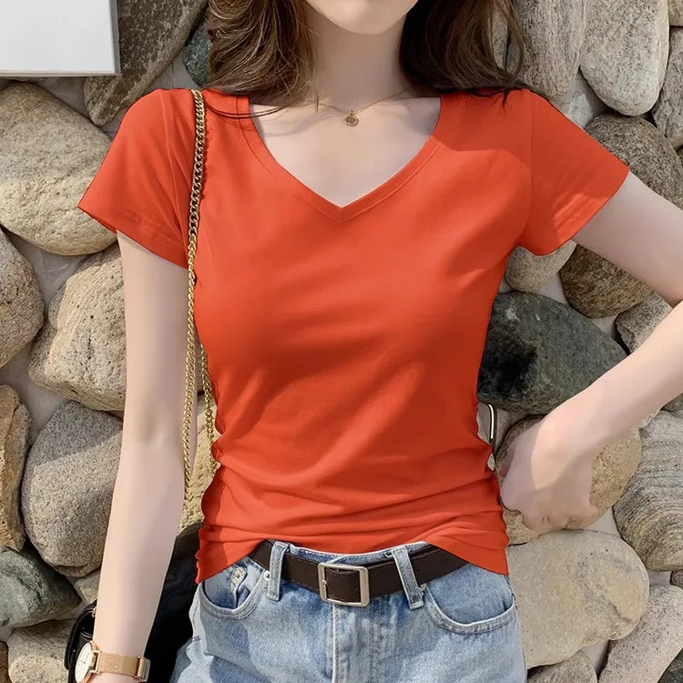 2025年春夏新款橘色短袖t恤女V领修身鸡心领百搭半袖体恤打底上衣