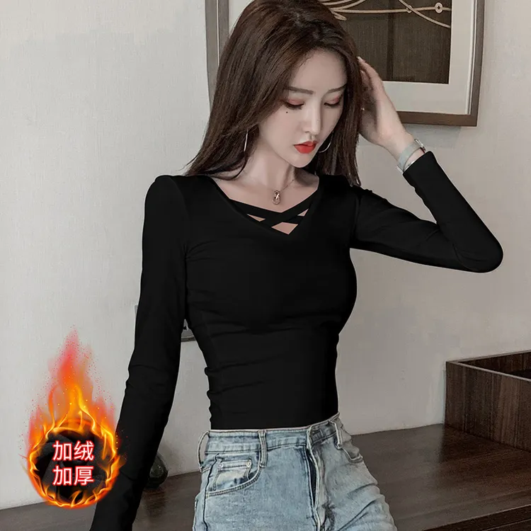 2025新款交叉v领德绒打底衫女加绒长袖t恤女洋气内搭秋冬紧身上衣