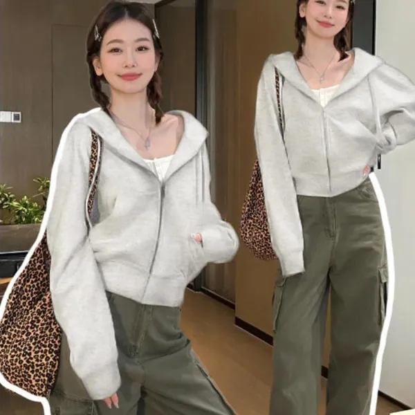 灰色拉链短款卫衣外套女春秋季初秋上衣修身收腰美式早秋穿搭连帽