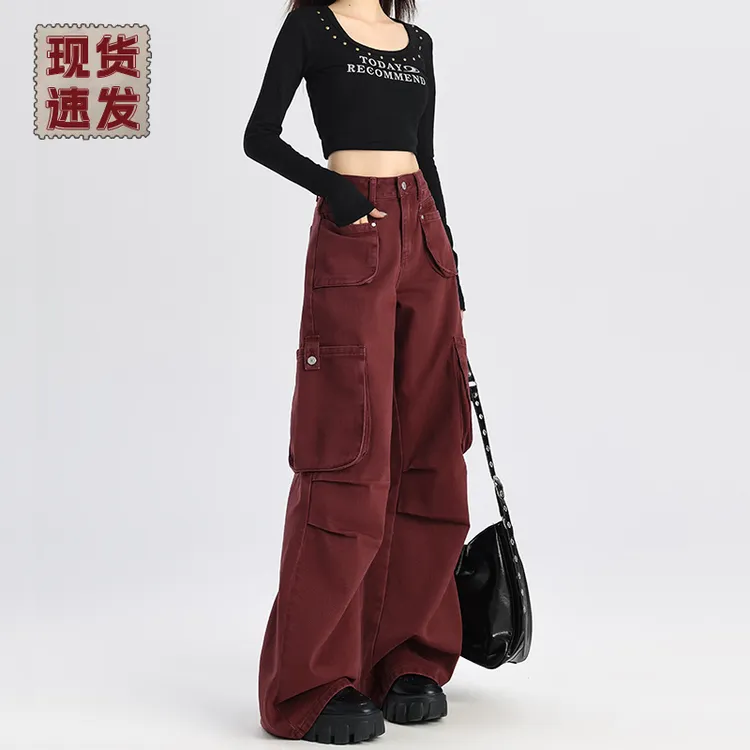 安可拉红工装休闲裤牛仔裤女2025春秋新款多口袋设计感拖地阔腿裤