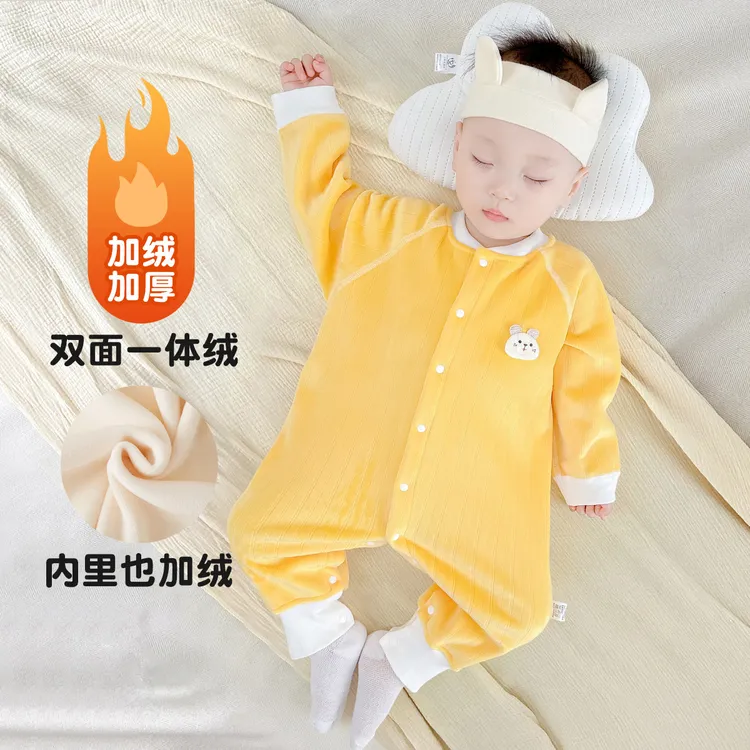 婴儿连体衣秋冬款加绒加厚保暖无骨哈衣一体绒新生儿爬服宝宝衣服