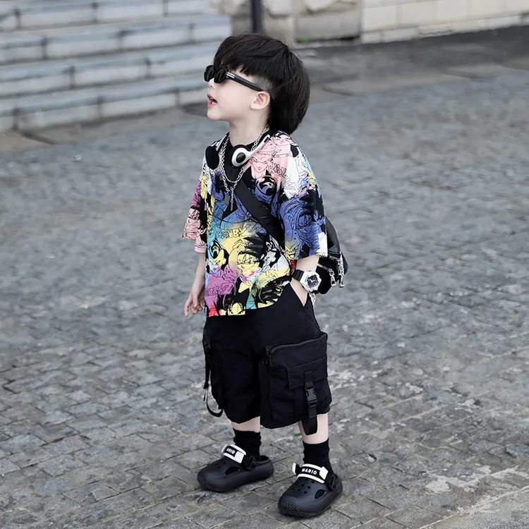 男童夏季套装2024痞帅运动彩色七龙珠印花6扎染短袖T恤上衣两件套