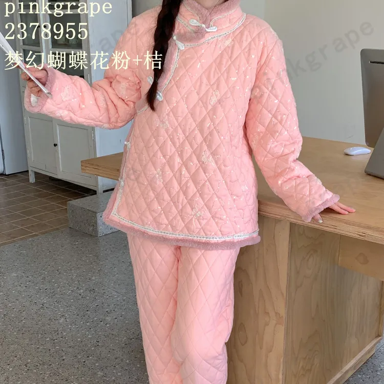 pinkgrape【梦幻蝴蝶】睡衣女士新款冬季三层夹棉加厚家居服2378955