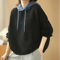 秋冬新款独特设计感菱形拼接连帽抽绳套头宽松卫衣女