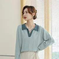 秋季新款温柔宽松Polo领纯色针织衫高级感翻领羊绒衫