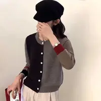 新款时尚休闲复古百搭纯色撞色拼接开衫针织上衣