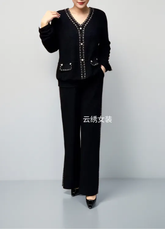 高档金丝绒两件套装新款时尚大码中年妈妈装女士上衣长袖裤子洋气