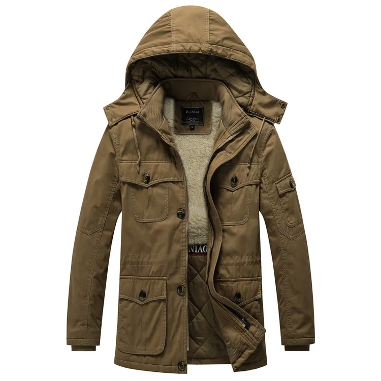 户外休闲军迷中长款棉衣加绒加厚冬季保暖男士棉袄可拆帽棉服风衣