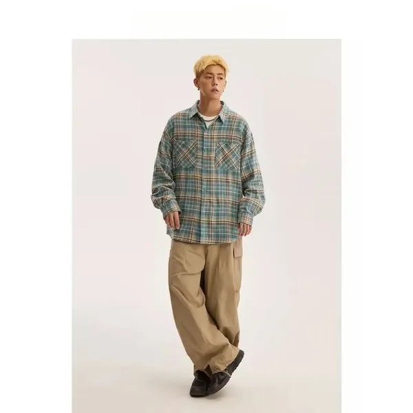 美式复古长袖蓝格子衬衫男2024秋宽松休闲潮流翻领