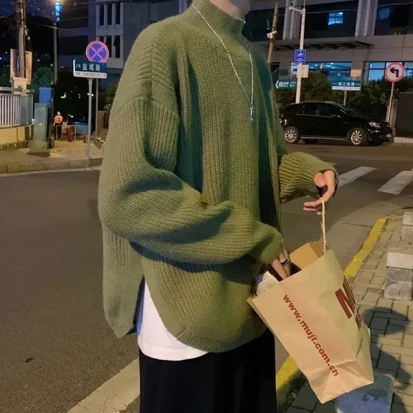 秋冬韩版港风纯色宽松圆领长袖毛衣青年休闲款
