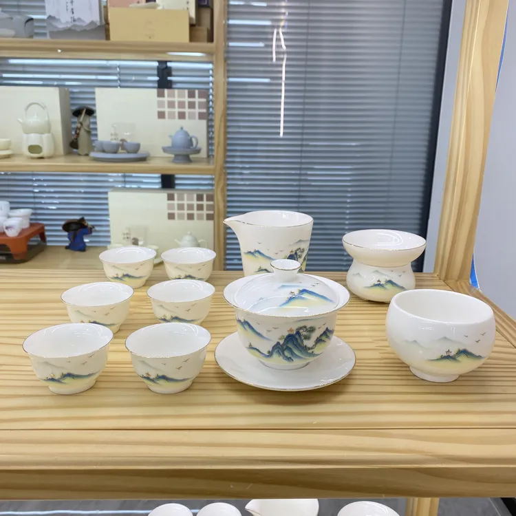 高档描金千里江山羊脂玉白瓷手工家用套装 安全包装