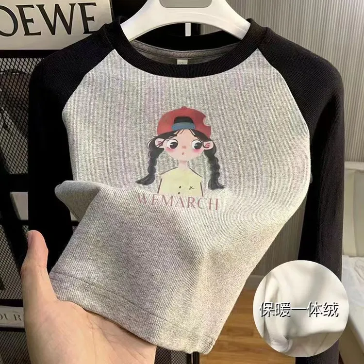 女童打底衫秋冬季新款拼色卡通印花长袖t恤宝宝休闲加绒保暖上衣