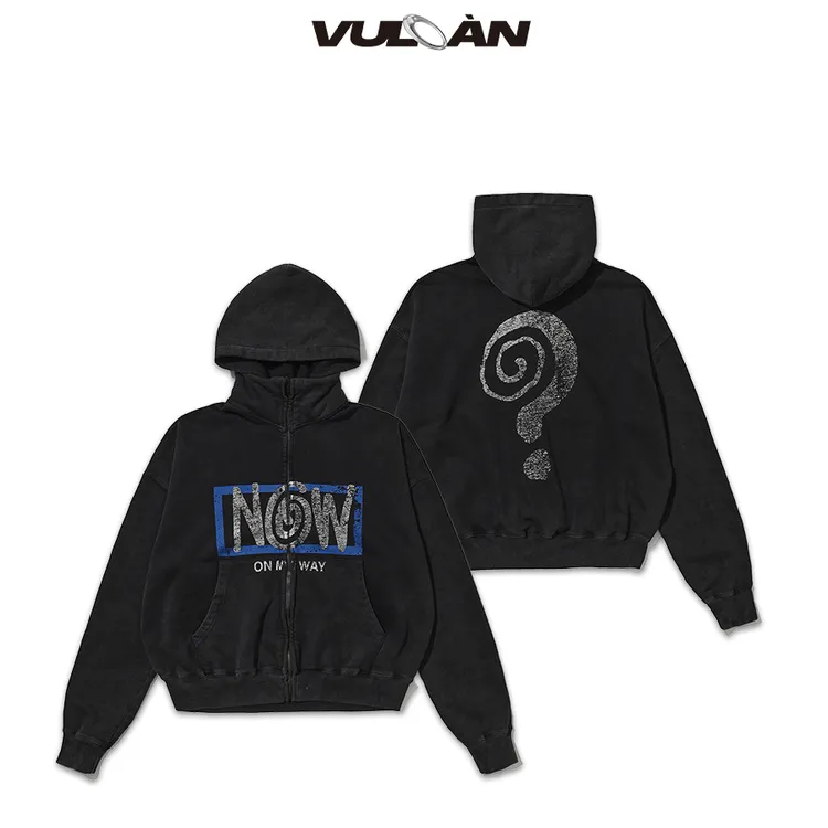 【达人专属】VULCAN重磅喷染水洗复古做旧黑色廓形短宽问号印花连帽卫衣男女