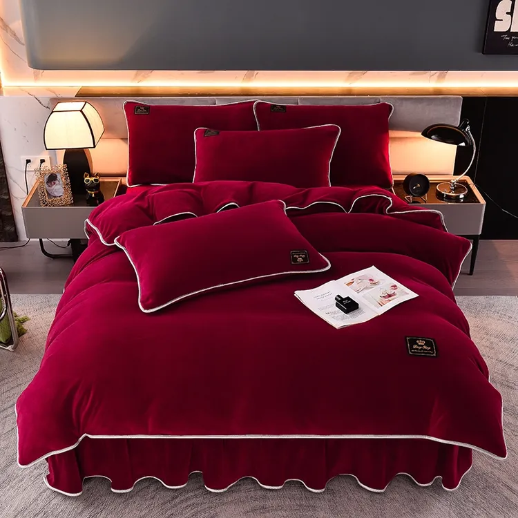【工厂直销】冬季纯色牛奶绒四件套高克重双面绒加绒加厚保暖4件套