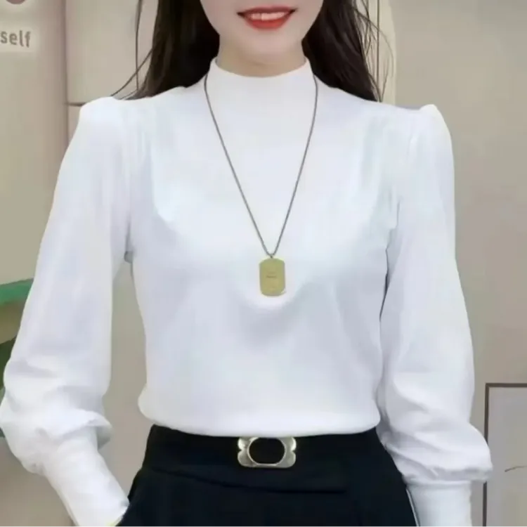 德绒泡泡袖半高领打底衫女秋冬新款洋气中领长袖小衫保暖上衣