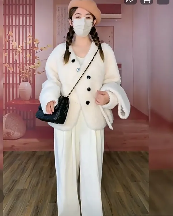 秋冬气质百搭白色羊羔毛加厚短款毛毛外套