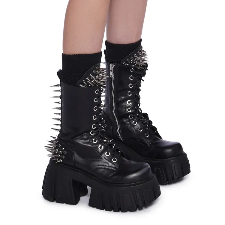 超高厚底粗跟马丁靴子女真皮小个子女鞋增高10CM暗黑哥特铆钉短靴