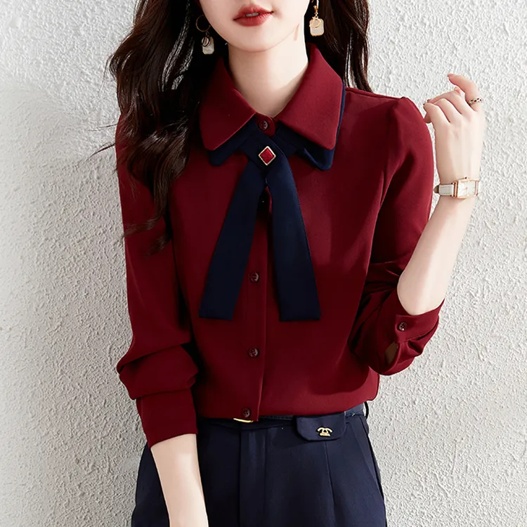 今年流行漂亮衬衫女士春秋季2025年新款洋气红色上衣小衫长袖衬衣