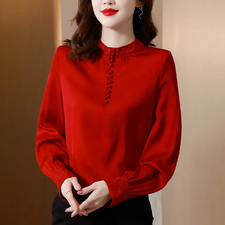 红色醋酸缎面打底长袖女士衬衫春秋2025新款女装高端衬衣刺绣t恤