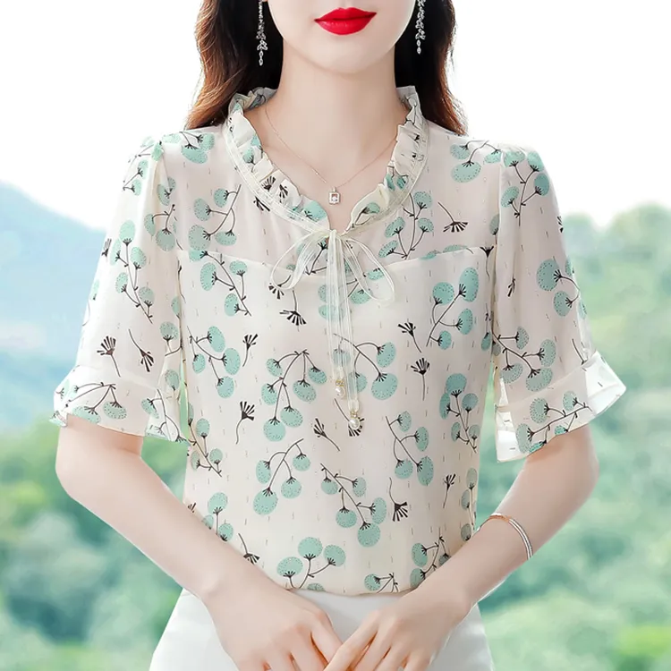 短袖宽松遮肚子漂亮碎花雪纺衫小衫女士妈妈洋气夏装上衣高档衬衫