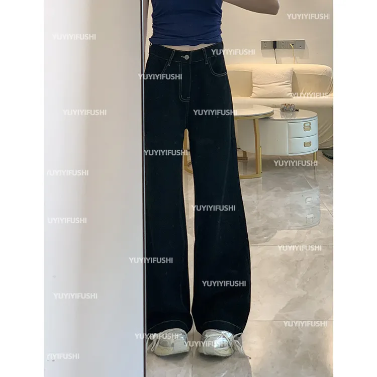 黑色阔腿裤高品质美式设计感牛仔裤女生痞帅高街宽松直筒拖地裤春