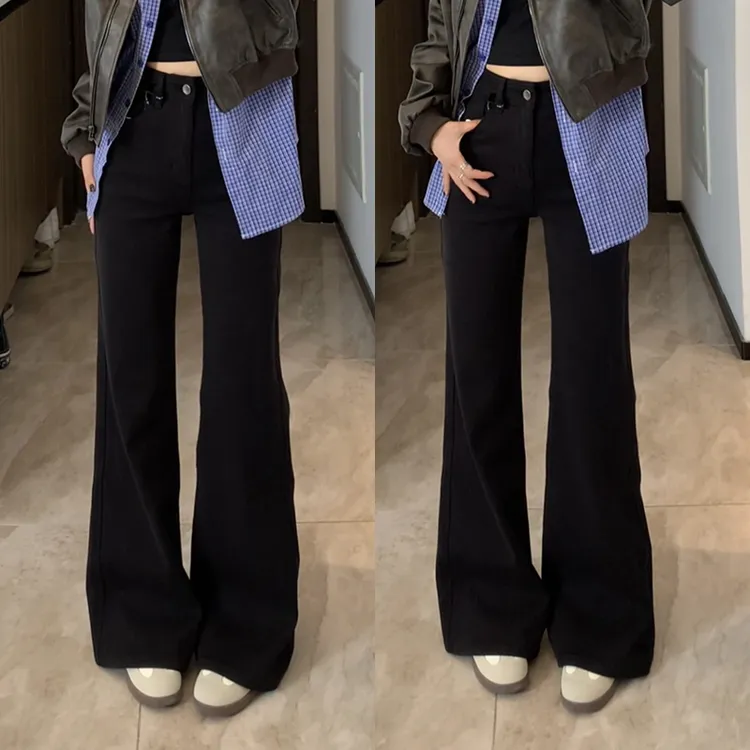 早秋穿搭黑色直筒微喇牛仔裤女高腰显瘦百搭不贴腿窄版薄款喇叭裤