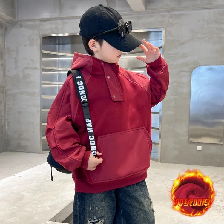 儿童装男童冬季加绒红色卫衣2025新款中大童秋冬款男孩加厚上衣潮