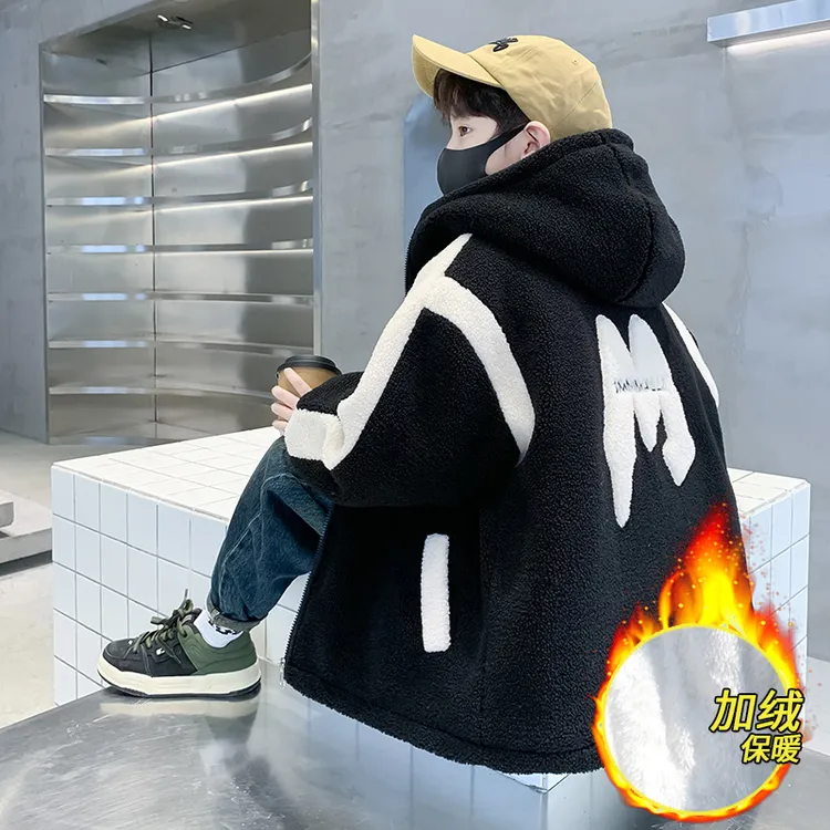 男童秋冬加绒外套2025洋气儿童秋装加厚毛衣中大童羊羔绒棉服潮酷