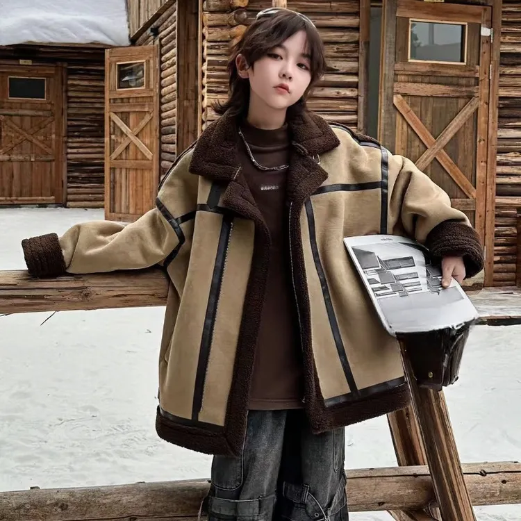 男童皮毛一体外套2024新款冬季加绒加厚麂皮绒儿童机车服过年服酷