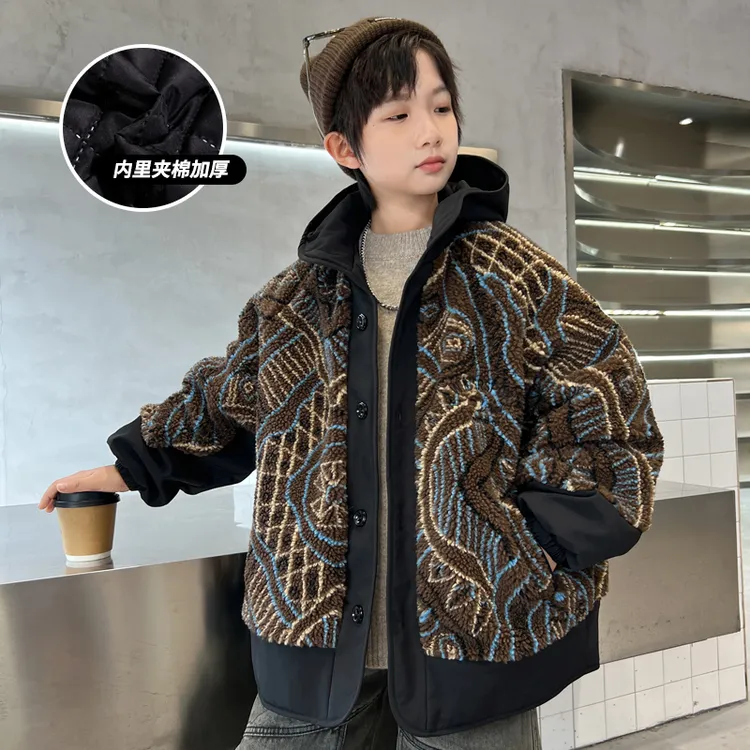 男童加绒外套秋冬款2025新款中大童冬装夹棉加厚羊羔绒儿童衣服潮