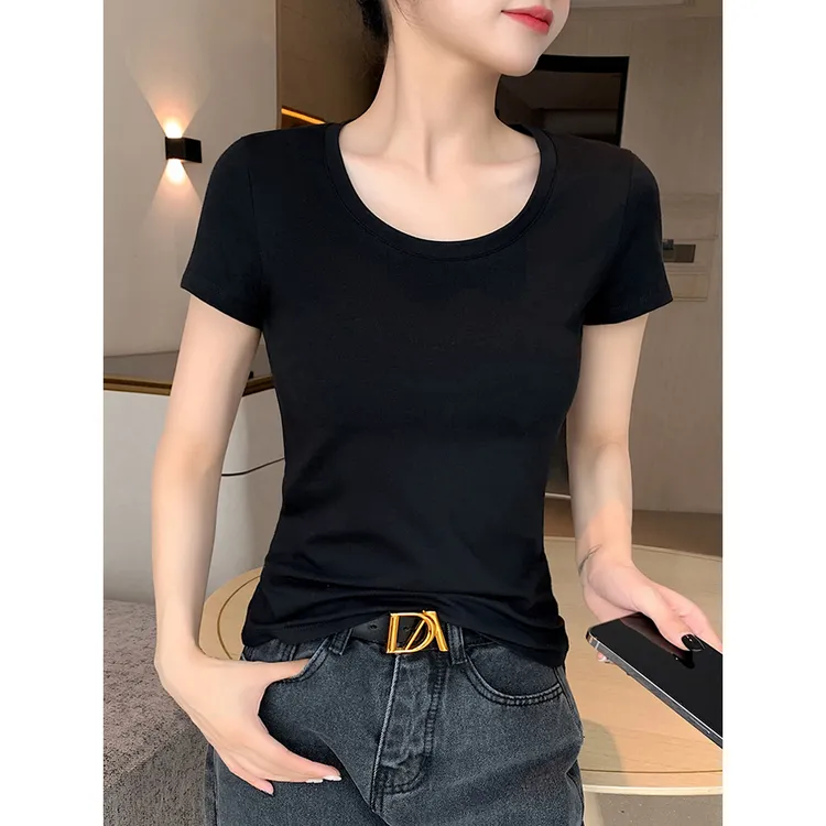 短袖T恤女夏季2024新款圆领百搭打底紧身洋气女人味时髦上衣修身