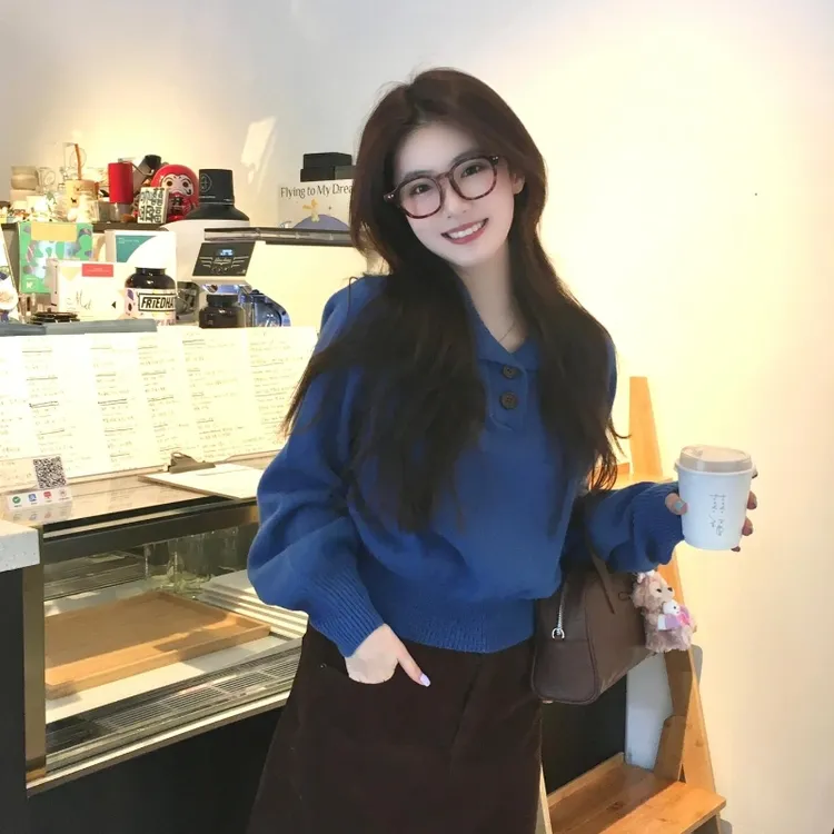时髦洋气高级感蓝色polo领慵懒风套头毛衣秋冬女装针织衫翻领上衣