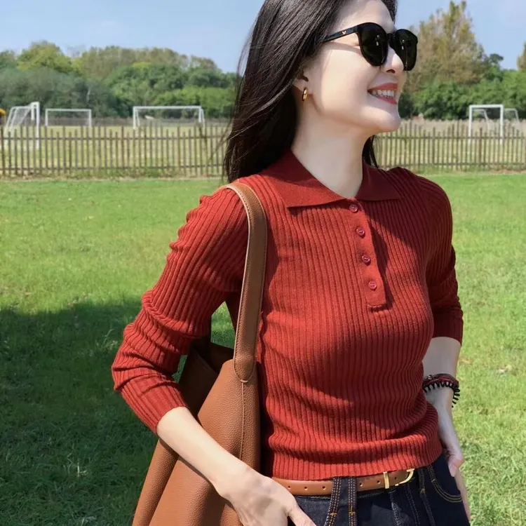高级感红色外穿polo领毛衣洋气长袖针织衫女秋冬季内搭打底衫上衣