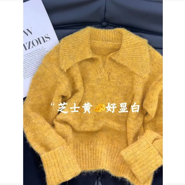 慵懒风高级感针织衫黄色毛衣女秋冬加厚时髦洋气外穿软糯翻领上衣
