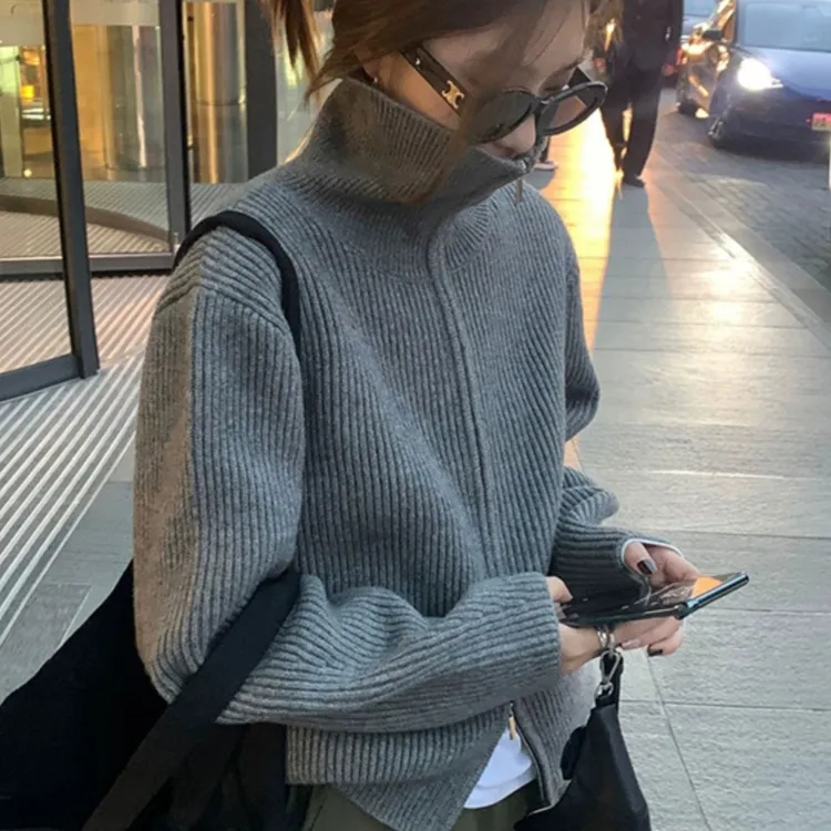 时髦洋气复古双拉链高领针织开衫女秋冬外穿慵懒风设计感翻领毛衣