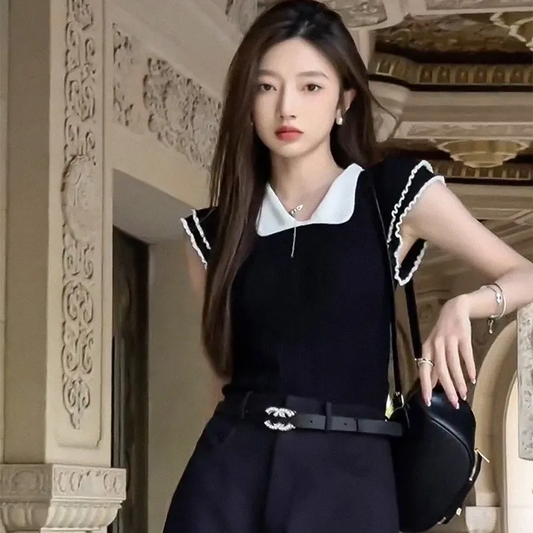 夏季高档洋气小香风修身短袖t恤娃娃领针织衫女薄款复古短款上衣