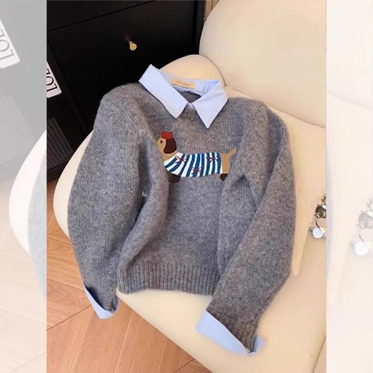 时髦洋气灰色假两件polo领内搭毛衣女秋冬慵懒风宽松打底针织上衣