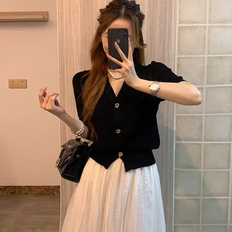 夏季女装时髦洋气冰丝法式小香风针织短袖开衫T恤上衣法式尤莱特