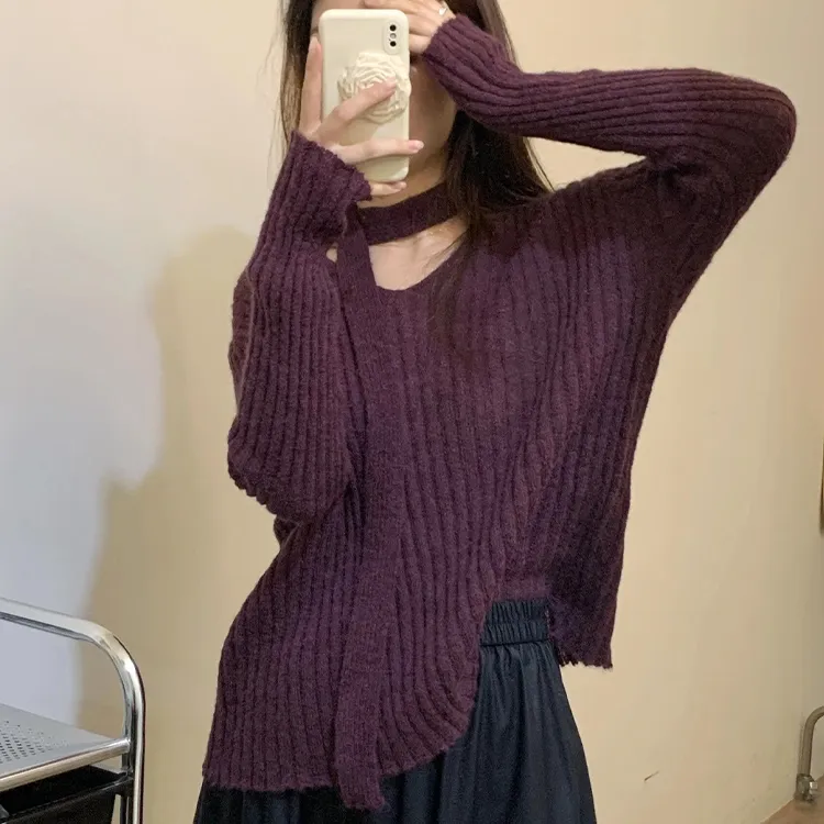 秋冬女装洋气外穿紫色挂脖飘带慵懒风套头打底毛衣针织衫内搭上衣
