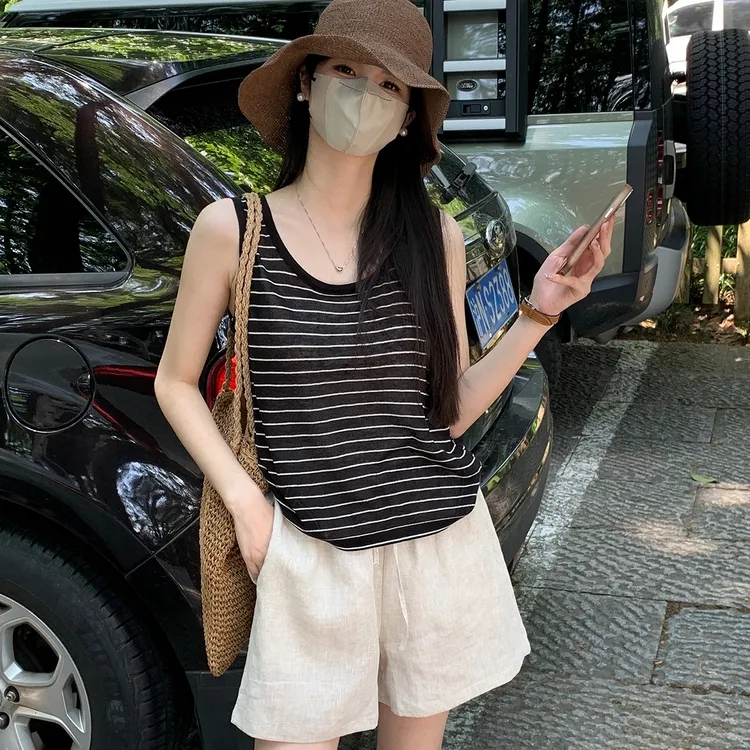 夏季可外穿高级感宽松薄款条纹打底吊带背心洋气无袖坎肩上衣内搭