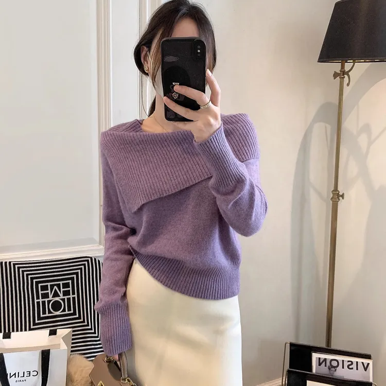 针织衫女秋冬季网红紫色外穿套头毛衣女装洋气一字领内搭打底衫女